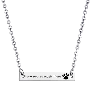 Polished stainless steel bar necklace with love you so much Mom engraving and paw print