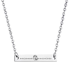 Detail of silver bar necklace with MOMMY HOOD engraving and mother-child icon