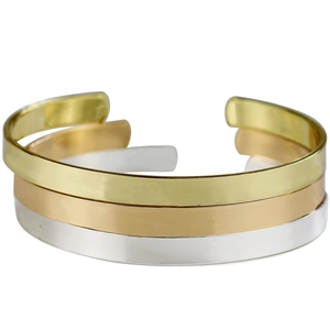 Three-piece stackable C-shaped open bracelets in gold, rose gold and silver polished finishes
