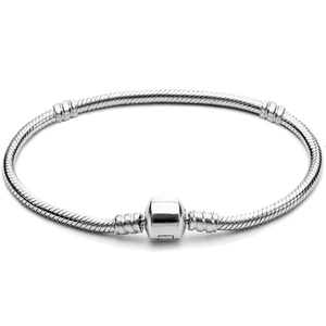 Close-up of a polished stainless steel snake chain bracelet with classic barrel clasp