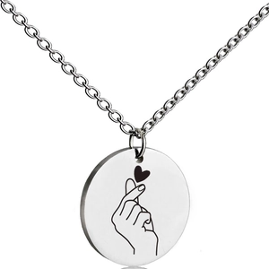 Minimalist Stainless Steel Round Pendant Necklace Finger Heart Mother Child Pattern Laser Engraved Cable Chain Women Jewelry