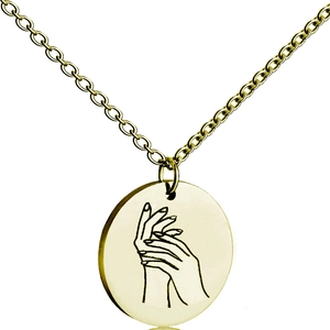 Detailed view of a gold stainless steel necklace featuring a hand drawing engraved pendant