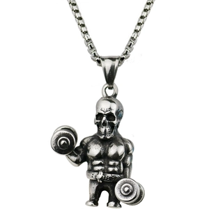 Collier Pendentif Haltère Bodybuilder Crâne Fitness Hip Hop pour Hommes Acier Inoxydable Alliage Punk Bijoux Gym Or Argent