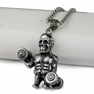 Collier avec pendentif crâne et haltère en acier inoxydable vintage motif muscle man