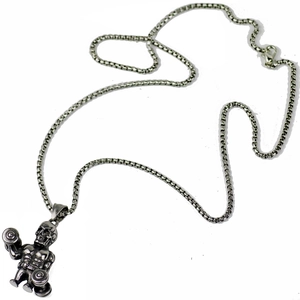 Collier pendentif crâne avec haltère argent vieilli et chaîne box en acier inoxydable