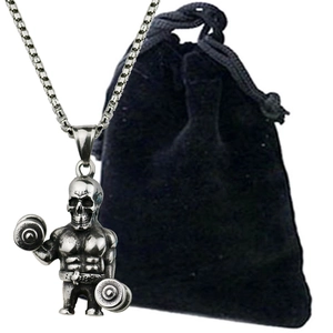 Collier avec pendentif crâne haltère en argent vintage et chaîne box en acier