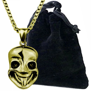 Détail du pendentif masque smiley hip hop doré avec chaîne box et pochette en velours noir