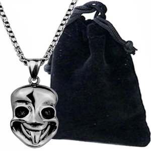 Collier hip hop avec pendentif tête de mort souriante en acier vintage et pochon cadeau
