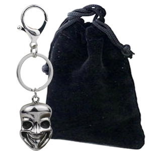 Polished stainless steel skeleton smiley mask keychain with black velvet storage pouch