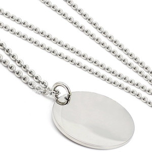 Polished stainless steel necklace featuring a smooth oval pendant on an O-chain link