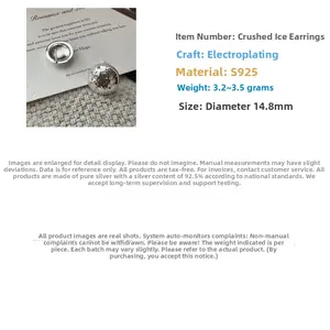Detailed view of S925 sterling silver hoop earrings with crushed ice texture and 14.8mm size