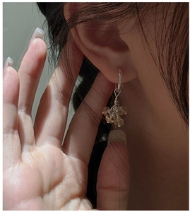 Detail of S925 sterling silver handmade wire-wrapped citrine vintage hoop earrings on ear