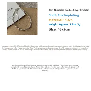 Detail view of double-layer S925 sterling silver beaded bracelet with 16+3cm length