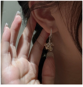 Close-up of S925 sterling silver earrings with amber crystals on female model