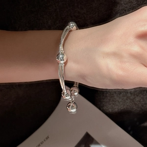 S925 Argento Sterling Bracciale a Perline Tubo Curvo Per Donna Coreano Minimalista Retro Perle Rotonde Ciondolo Gioielli