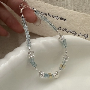S925 sterling silver beaded bracelet with aquamarine stones and adjustable chain