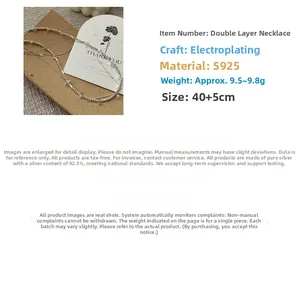 Detail of S925 sterling silver double layer necklace showing plating process and 40cm chain