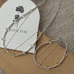 Double-layered S925 silver beaded bracelet and necklace set with white quartz stones
