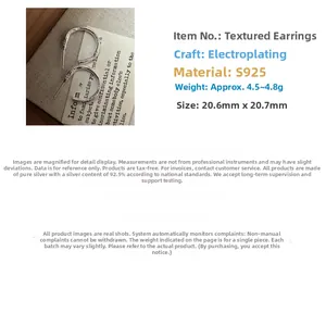 Macro view of S925 sterling silver hoop earrings with vintage texture and 20.6mm size