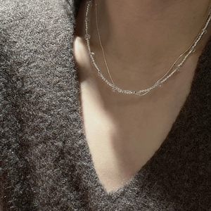Minimalist S925 sterling silver double-layered beaded necklace with white crystal accents