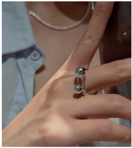 Detailed close-up of S925 silver beaded double sphere ring showing polished metallic finish
