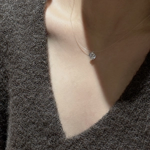 Minimalist S925 silver invisible nylon line necklace with a sparkling round zircon pendant