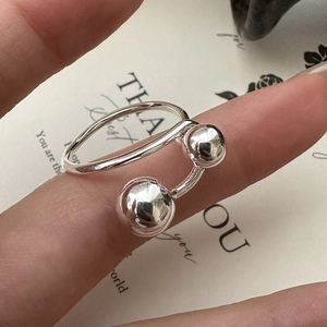 S925 Sterling Silver Bead Open Ring Minimalist Double Ball Adjustable Ring For Women Korean Style Fashion Jewelry
