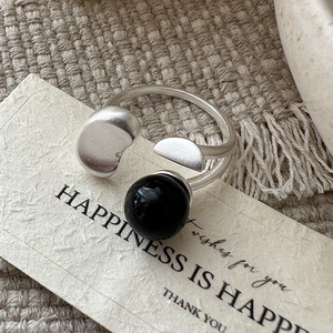 S925 Sterling Silver Vintage Black Agate Open Ring For Women Minimalist Geometric Bean Shape Adjustable INS Style Jewelry