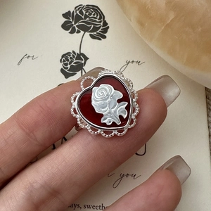 Vintage 925 Sterling Silver Heart Rose Relief Cameo Adjustable Ring French Style Red Enamel Fashion Jewelry For Women Gift