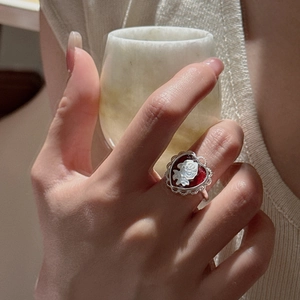 Vintage S925 silver ring featuring a red heart cameo with white floral relief carving