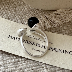 S925 sterling silver open ring with matte finish and elegant black agate bead