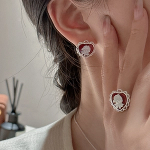 Vintage heart cameo earrings and ring set in S925 silver with red rose relief detailing
