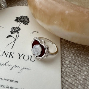 Vintage S925 silver heart ring with red cameo rose inlay and adjustable open band