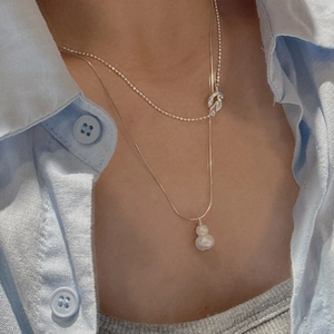 S925 sterling silver double-layer hulu necklace with beaded and snake chain detail