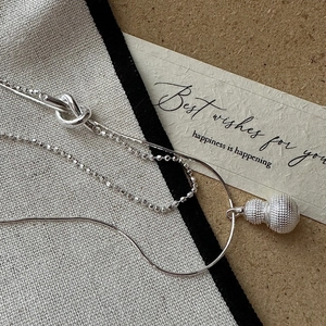 Minimalist S925 sterling silver double-layer necklace with gourd pendant and knot detail