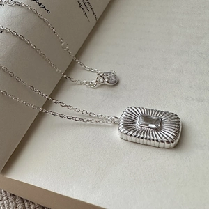 S925 Sterling Silver Rectangular Zirconia Pendant Necklace For Women Retro Korean Minimalist Style Sunburst Chain Jewelry
