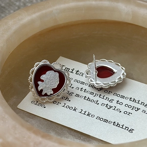 Vintage heart shaped S925 silver earrings with red cameo rose and hollow petal frame