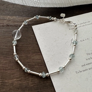 S925 Sterling Silver Aquamarine Crystal Bracelet For Women Korean Vintage Style Adjustable Chain Link Hand Jewelry Gift