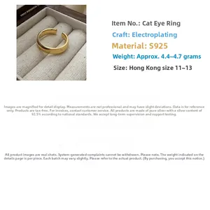 Macro detail of gold plated S925 sterling silver cat-eye ring with weight and size specs