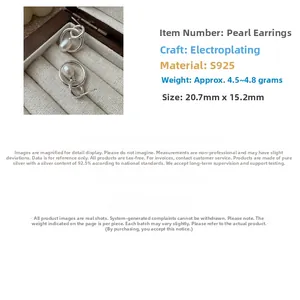 Macro detail of S925 sterling silver drop pearl earrings with 20.7mm dimensions