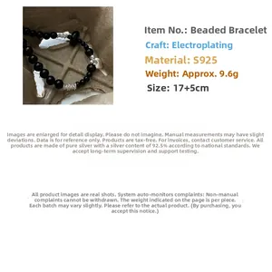 Detail of S925 sterling silver black onyx heart charm bracelet with dimensions and weight