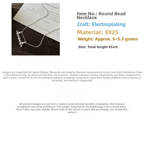 Detail of S925 sterling silver beaded bar necklace with 45cm chain length and polished finish