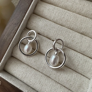 Nested Double Hoop Artificial Pearl Earrings With 925 Sterling Silver Earring Post French Retro Minimalist Elegant Jewelry Women