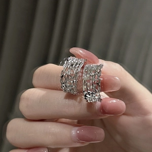 Minimalist 925 sterling silver mesh wide band rings with a hollow vintage texture