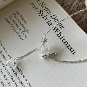 Minimalist S925 sterling silver necklace with double glass beads and geometric bars