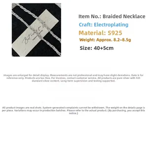 Detailed view of S925 sterling silver woven necklace with length and weight specs