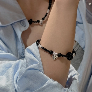 925 Sterling Silver Heart Pendant Black Agate Bead Bracelet For Women Retro Minimalist Design Adjustable Chain Jewelry Gift