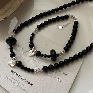 S925 silver retro black onyx beaded jewelry set with heart pendant necklace and bracelet