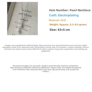 Detailed view of S925 silver pearl tassel necklace with 43+5cm adjustable chain specs