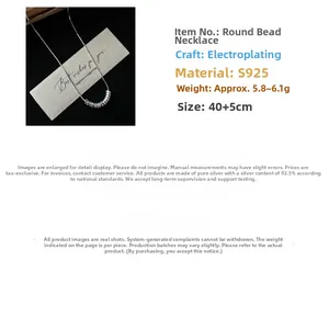 Detailed macro view of S925 sterling silver beaded necklace with 40+5cm adjustable chain